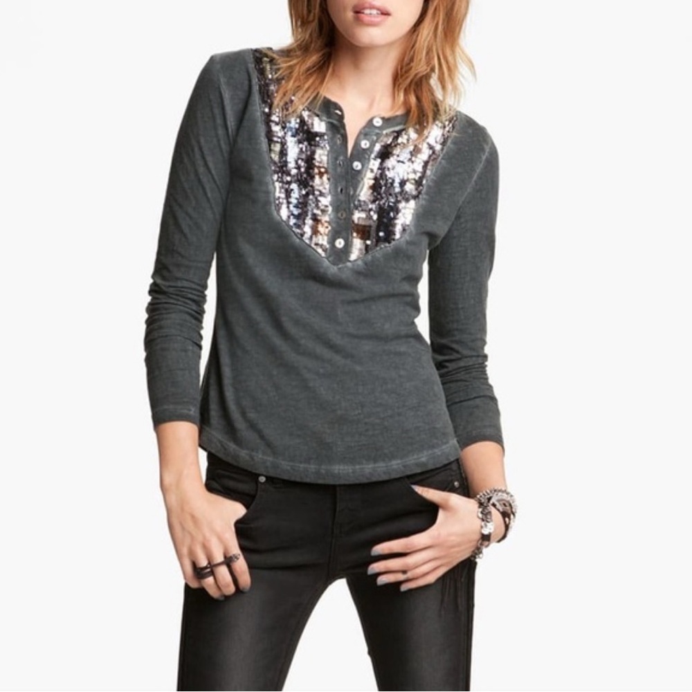 Free People Sequin Embellished Thermal Henley Top Gray XS Boho Holiday Sparkle